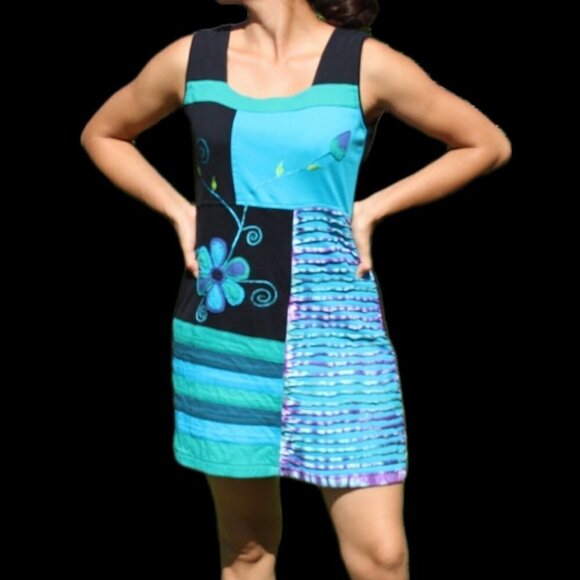 Color block boho patched floral women blue & black mini dress cotton size M - Picture 1 of 9